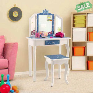 Princess Vanity Table and Chair Set with Tri-Folding Mirror and Snowflake Print-Blue Blue Kids Vanities