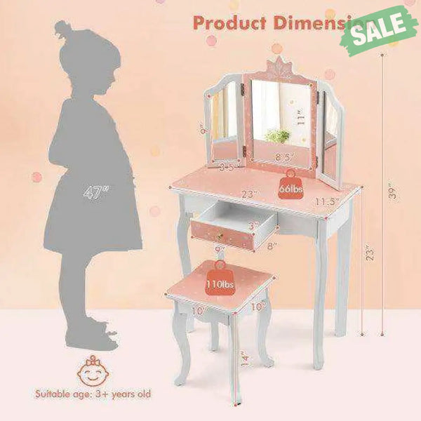 Princess Vanity Table and Chair Set with Tri-Folding Mirror and Snowflake Print-Blue Blue Kids Vanities