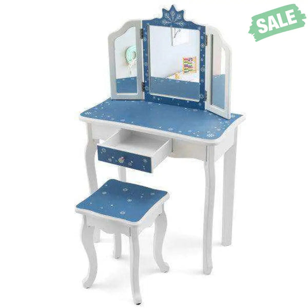 Princess Vanity Table and Chair Set with Tri-Folding Mirror and Snowflake Print-Blue Blue Kids Vanities