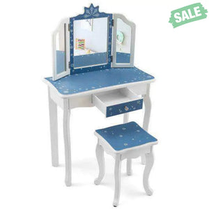 Princess Vanity Table and Chair Set with Tri-Folding Mirror and Snowflake Print-Blue Blue Kids Vanities