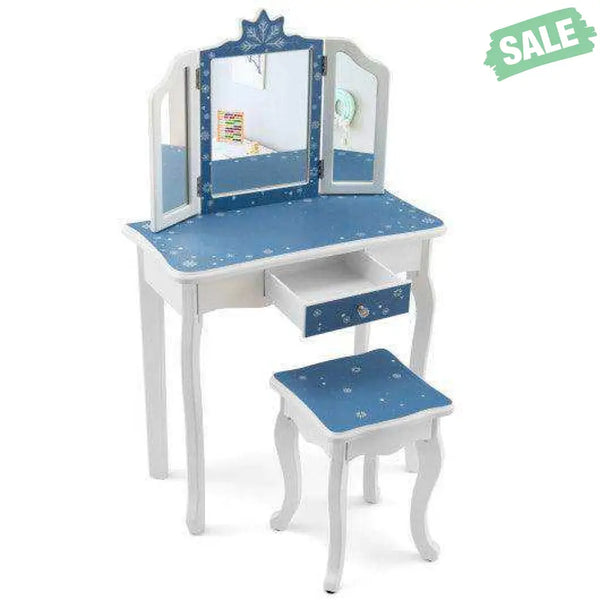 Princess Vanity Table and Chair Set with Tri-Folding Mirror and Snowflake Print-Blue Blue Kids Vanities