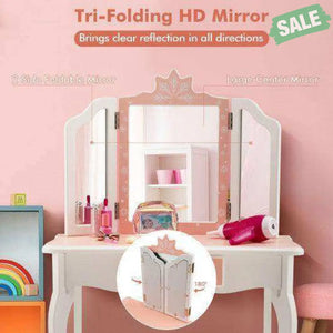 Princess Vanity Table and Chair Set with Tri-Folding Mirror and Snowflake Print-Pink