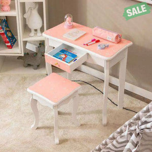 Princess Vanity Table and Chair Set with Tri-Folding Mirror and Snowflake Print-Pink