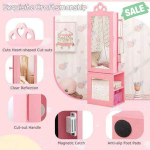 Princess Vanity Table and Stool Set Freestanding Jewelry Cabinet Armoire with Full-Length Mirror-Pink