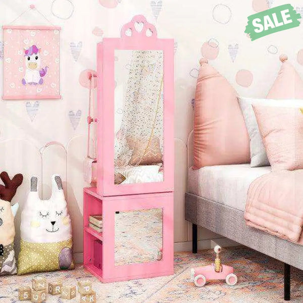 Princess Vanity Table and Stool Set Freestanding Jewelry Cabinet Armoire with Full-Length Mirror-Pink