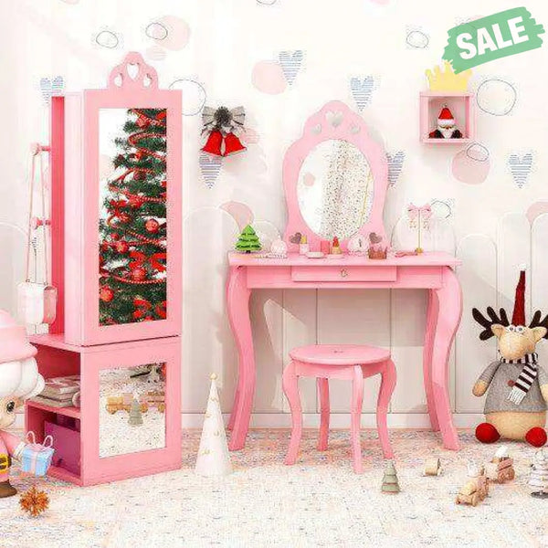 Princess Vanity Table and Stool Set Freestanding Jewelry Cabinet Armoire with Full-Length Mirror-Pink