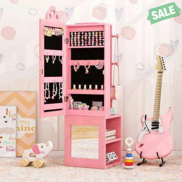 Princess Vanity Table and Stool Set Freestanding Jewelry Cabinet Armoire with Full-Length Mirror-Pink