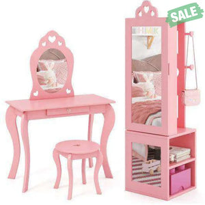 Princess Vanity Table and Stool Set Freestanding Jewelry Cabinet Armoire with Full-Length Mirror-Pink