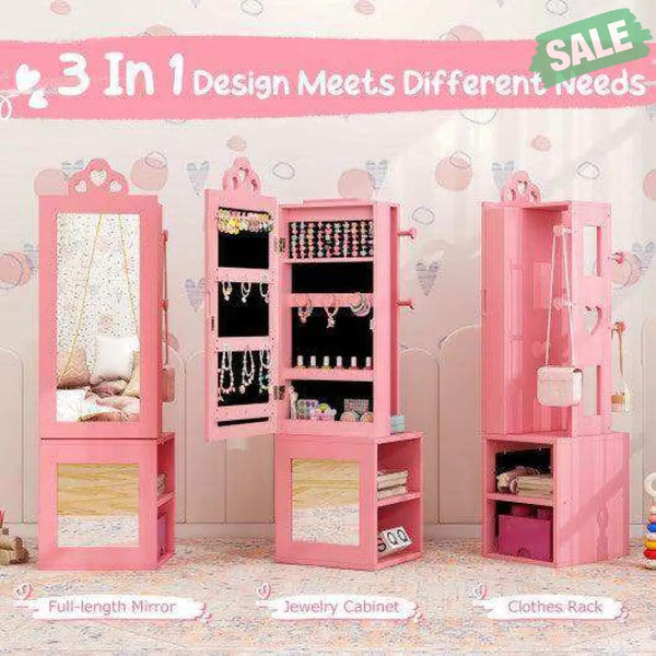 Princess Vanity Table and Stool Set Freestanding Jewelry Cabinet Armoire with Full-Length Mirror-Pink