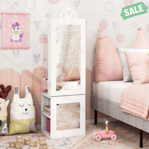Princess Vanity Table and Stool Set Freestanding Jewelry Cabinet Armoire with Full-Length Mirror-White White Kids