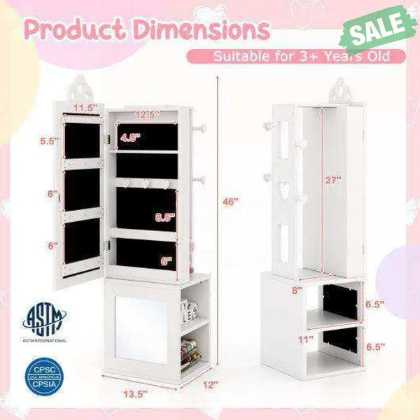 Princess Vanity Table and Stool Set Freestanding Jewelry Cabinet Armoire with Full-Length Mirror-White White Kids