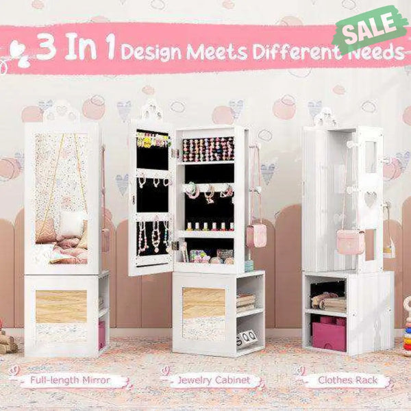 Princess Vanity Table and Stool Set Freestanding Jewelry Cabinet Armoire with Full-Length Mirror-White White Kids