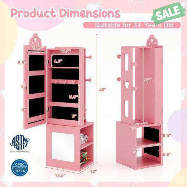 Princess Vanity Table and Stool Set Freestanding Jewelry Cabinet Armoire with Full-Length Mirror-White White Kids