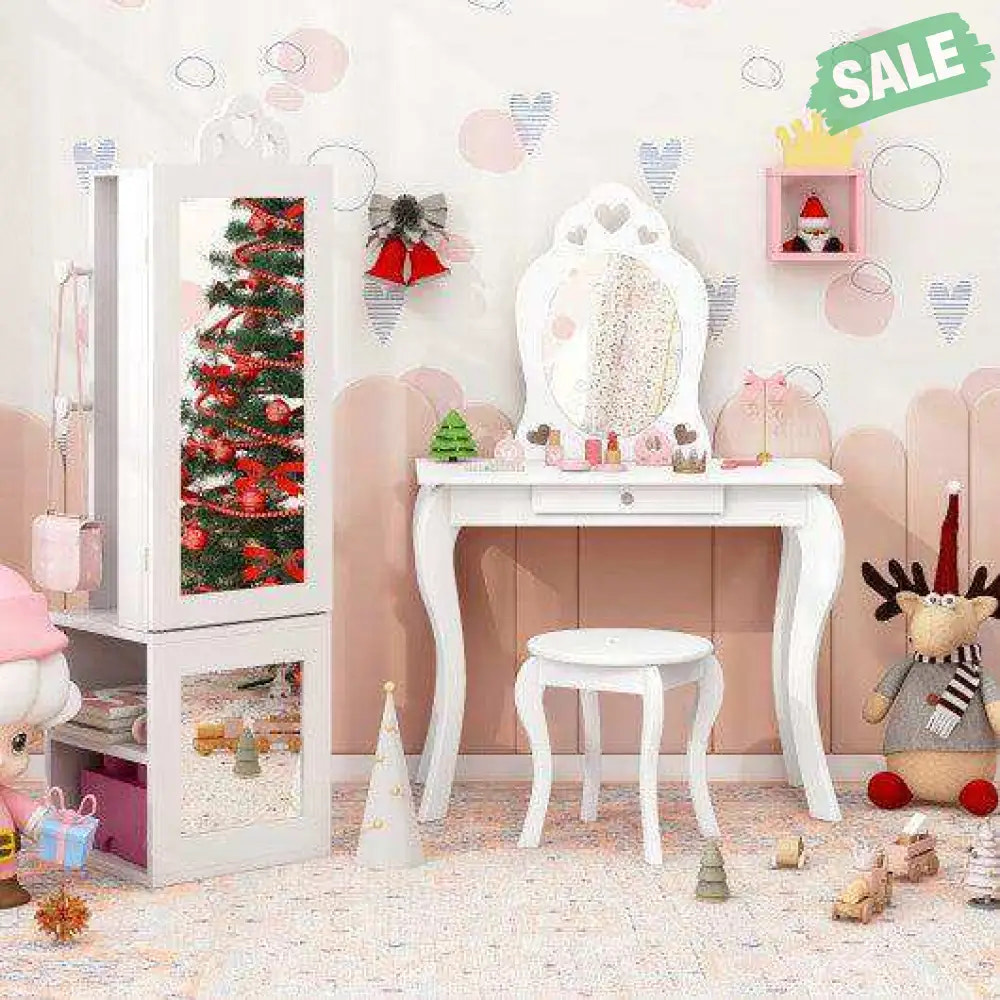 Princess Vanity Table and Stool Set Freestanding Jewelry Cabinet Armoire with Full-Length Mirror-White White Kids