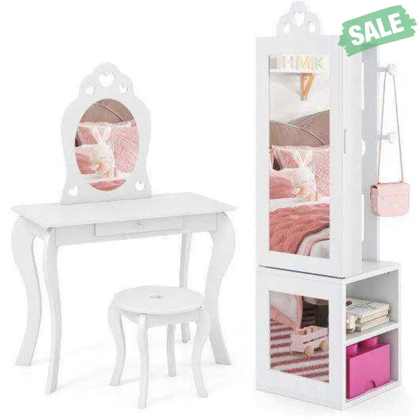 Princess Vanity Table and Stool Set Freestanding Jewelry Cabinet Armoire with Full-Length Mirror-White White Kids
