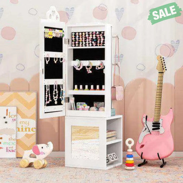 Princess Vanity Table and Stool Set Freestanding Jewelry Cabinet Armoire with Full-Length Mirror-White White Kids
