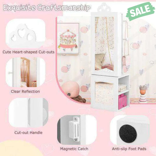 Princess Vanity Table and Stool Set Freestanding Jewelry Cabinet Armoire with Full-Length Mirror-White White Kids