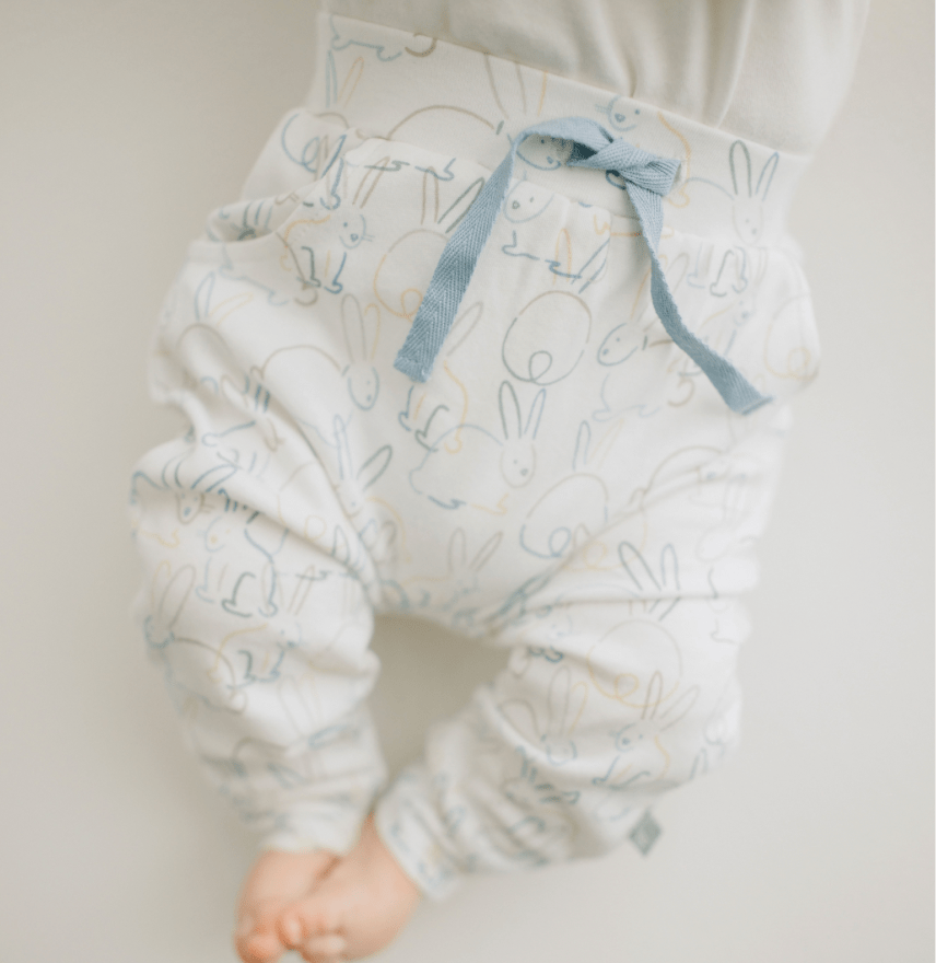 Soft bunny lounge pants for babies, perfect for comfort and playtime.