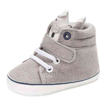 Gray Fox Baby Animal First Walkers - adorable gray shoes for infants, perfect for their first steps.