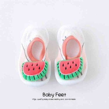 Pink watermelon baby doll sock shoes for infants, perfect for stylish and comfortable footwear.