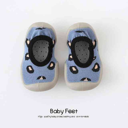 Blue leopard baby sock shoes, perfect for tiny feet in style and comfort. Ideal for infants and toddlers.
