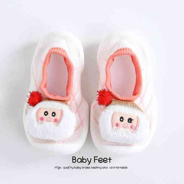 Pink Santa baby doll sock shoes, perfect for little ones' holiday outfits. Soft and cozy footwear for infants.