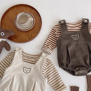 Baby Striped Shirt Combo Corduroy Fabric Cartoon Bear Embroidered Vest Bodysuit 2 Pieces Sets