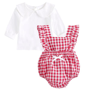 Baby Girl Doll Neck Solid Shirt & Red Plaid Graphic Bow Patched Bodysuit 1 Pieces Sets