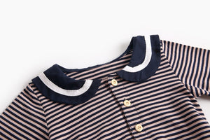 Baby Girl Striped Pattern Sailor Collar Design Fashion Long Sleeves Bodysuit Onesie