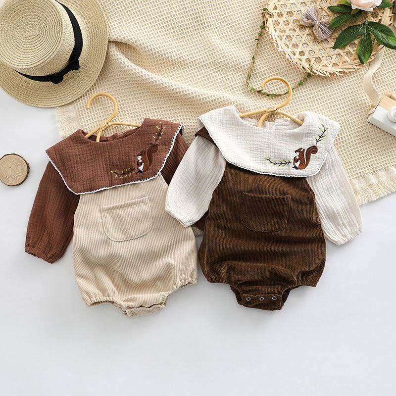 Baby Embroidered Pattern Lapel Cotton Shirt Combo Corduroy Strap Onesies Sets