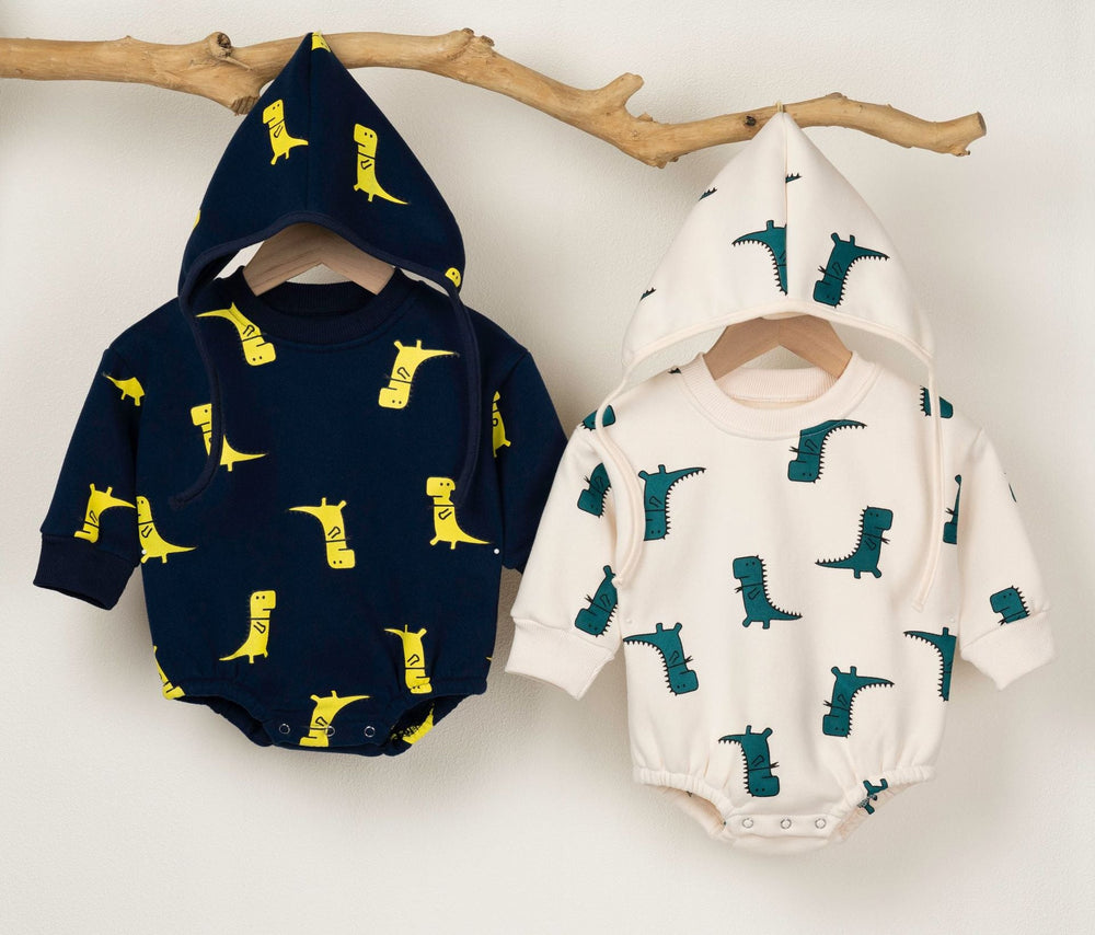 Baby Boy 1pcs Cartoon Dinosaur Pattern Long Sleeves O-Neck Bodysuit & Hats