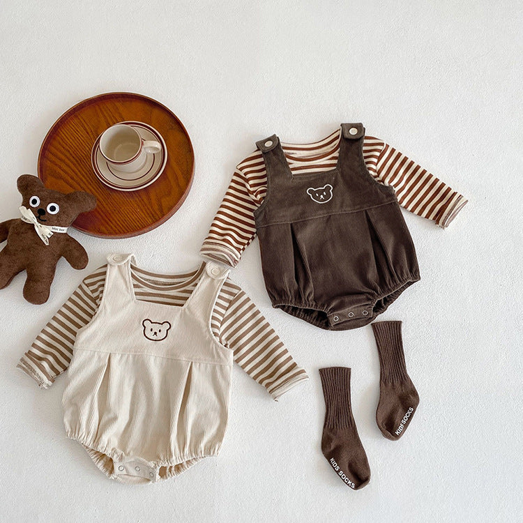 Baby Striped Shirt Combo Corduroy Fabric Cartoon Bear Embroidered Vest Bodysuit 2 Pieces Sets