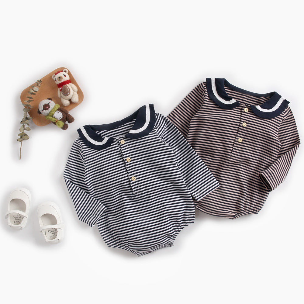 Baby Girl Striped Pattern Sailor Collar Design Fashion Long Sleeves Bodysuit Onesie