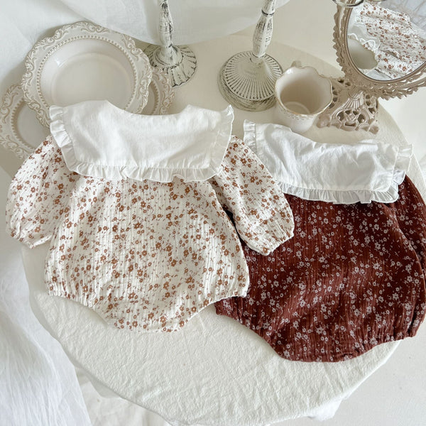 Baby Girl Floral Pattern Ruffle Lapel Design Bodysuit