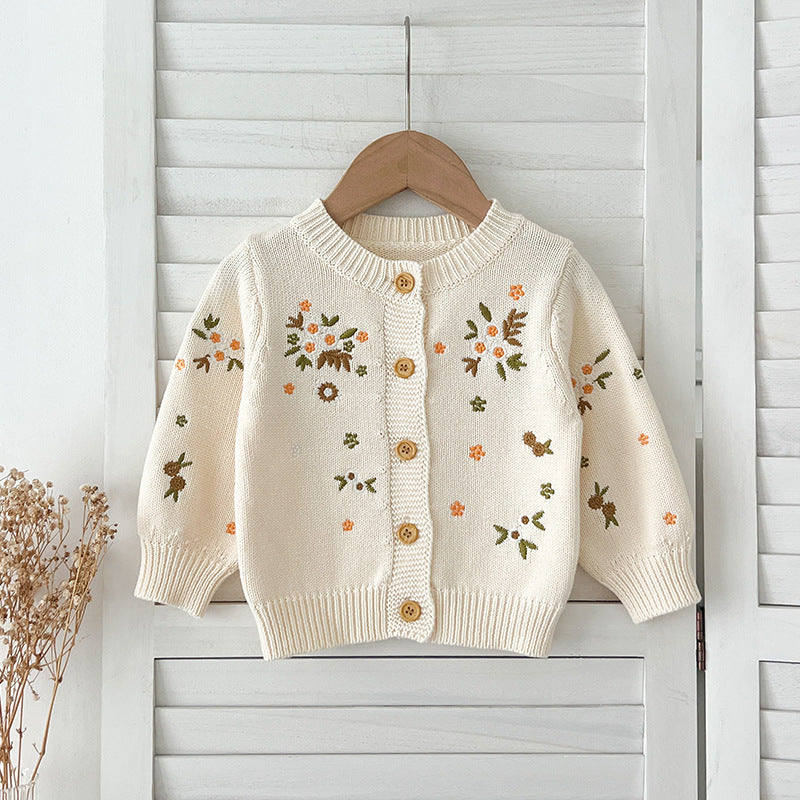 Autumn New Arrival Baby Kids Girls Comfortable Flowers Embroiedery Pattern Knitted Long Sleeves Cardigan