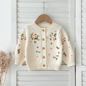 Autumn New Arrival Baby Kids Girls Comfortable Flowers Embroiedery Pattern Knitted Long Sleeves Cardigan