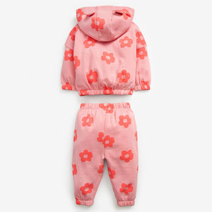 Baby Girl All Over Flower Graphic Zipper Hoodie Coat & Trousers 2 Pieces Sets