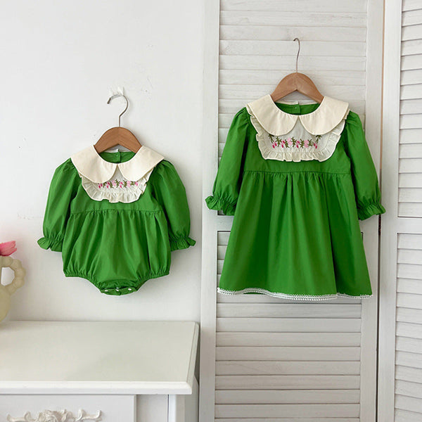 Arrival Autumn Baby Kids Girls Long Sleeves Peter Pan Collar Embroidery Flowers Pattern Onesies and Dress – Princess Sister Matching Set