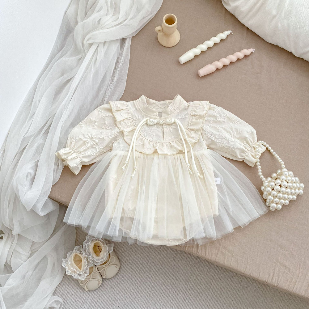 Autumn New Arrival Baby Girls Long Sleeves Stand Collar Floral Embroidery Tulle Onesies Dress