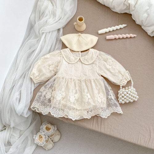 Arrival Baby Girls Long Sleeves Solid Color Floral Embroidered Tulle Bodysuits Dress