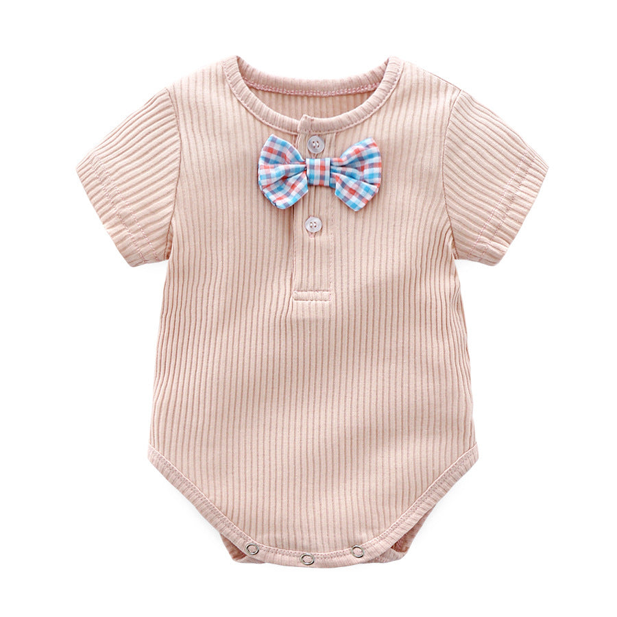 Baby Boy And Girl Solid Color Bow Tie Design Short Sleeve Buttoned Onesies