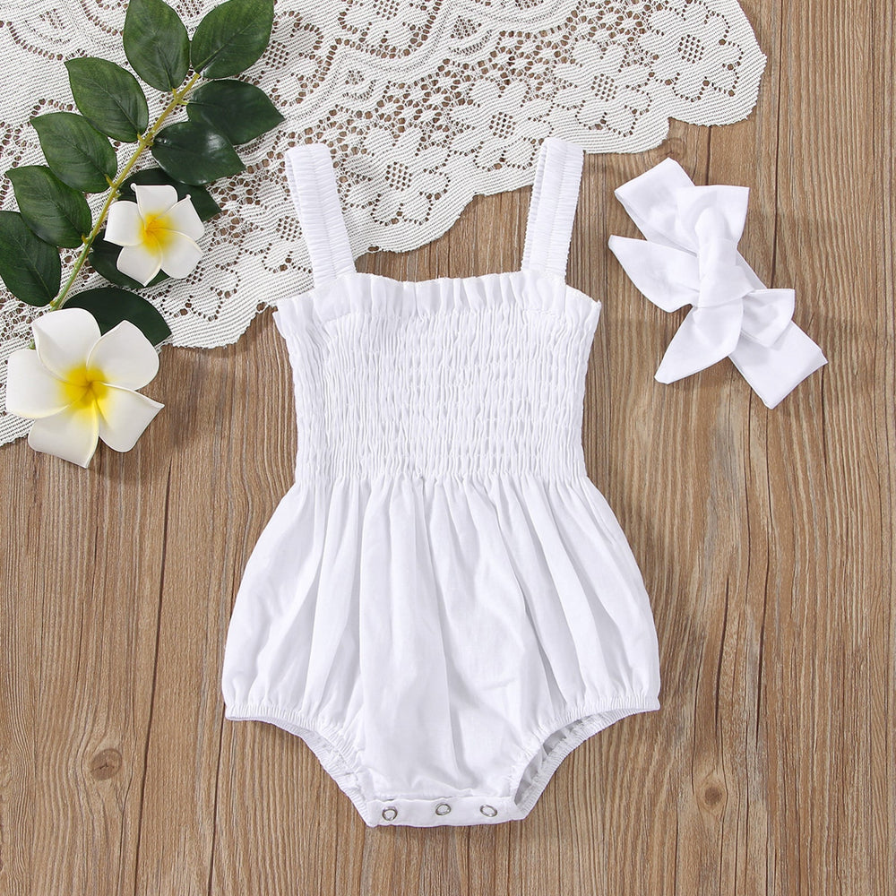 Baby Girls Solid Color Sleeveless Summer Shirred Bodysuit Onesies & Headband