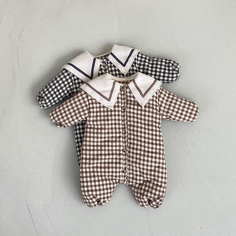 Baby 1pcs Plaid Pattern Lapel Design Quilted Warm Rompers