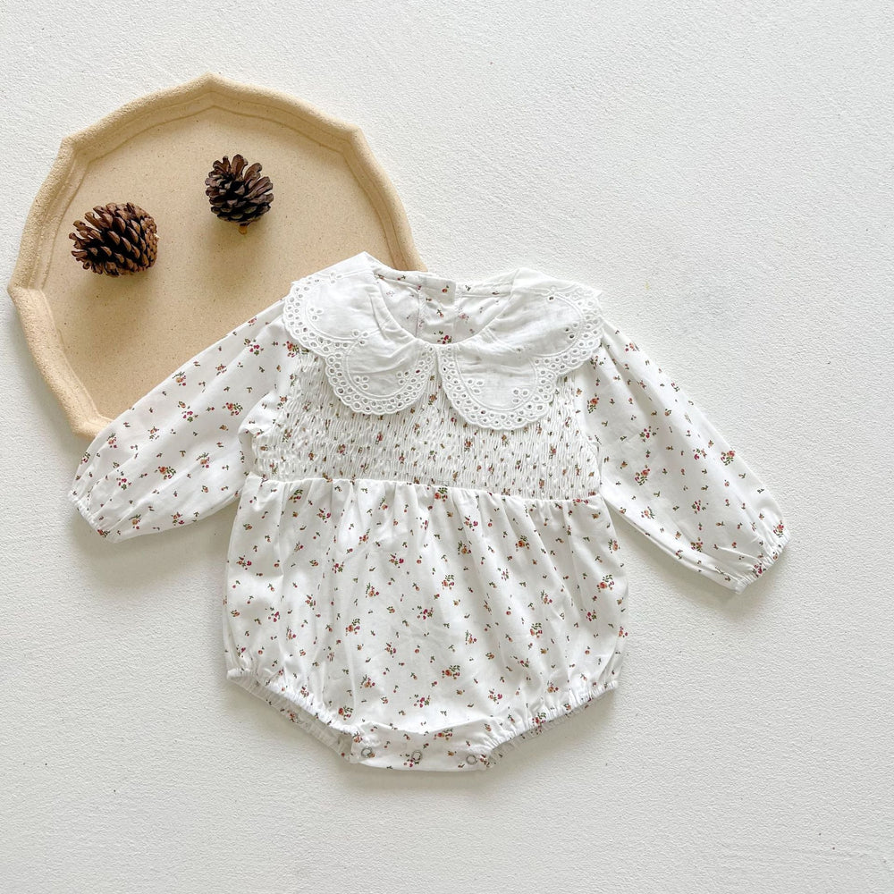 Baby Girl Floral Graphic Hollow Carved Mesh Doll Neck Long Sleeves Bodysuit