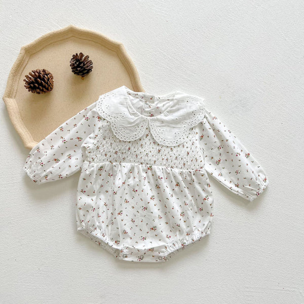 Baby Girl Floral Graphic Hollow Carved Mesh Doll Neck Long Sleeves Bodysuit