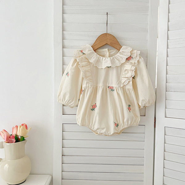 Arrival Autumn Baby Kids Girls Long Sleeves Floral Embroidery Pattern French Collar Onesies and Dress – Princess Sister Matching Set