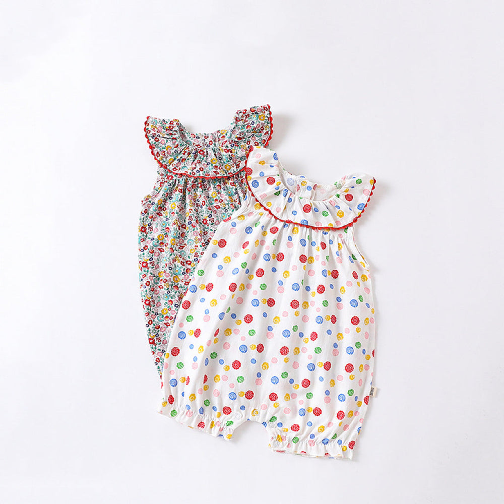 Baby Floral Pattern Ruffle Neck Sleeveless Rompers