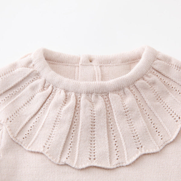 Autumn New Design Baby Girls Solid Color Long Sleeves Hollow Out Ruffle Collar Knitted Onesies