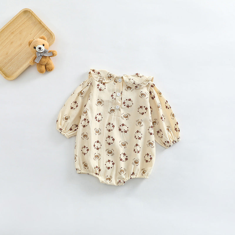 Baby Girl Flower Bear Print Pattern Doll Neck Sweet Bodysuit