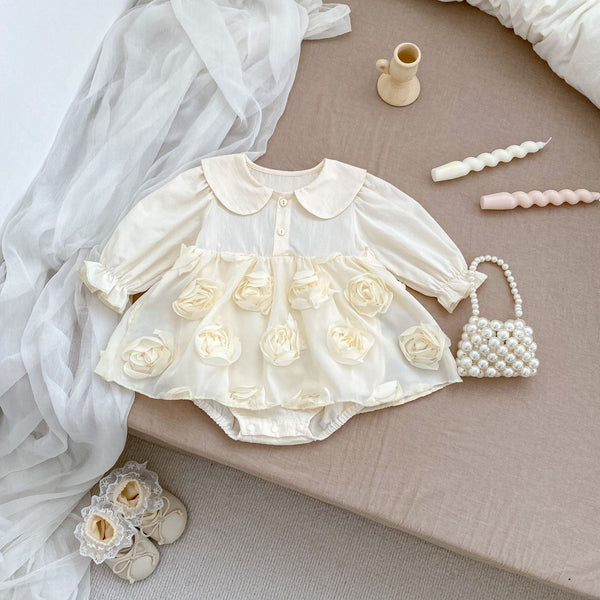 Autumn New Arrival Baby Girls Long Sleeves Solid Color 3D Tulle Flowers Attached Bodysuits Dress